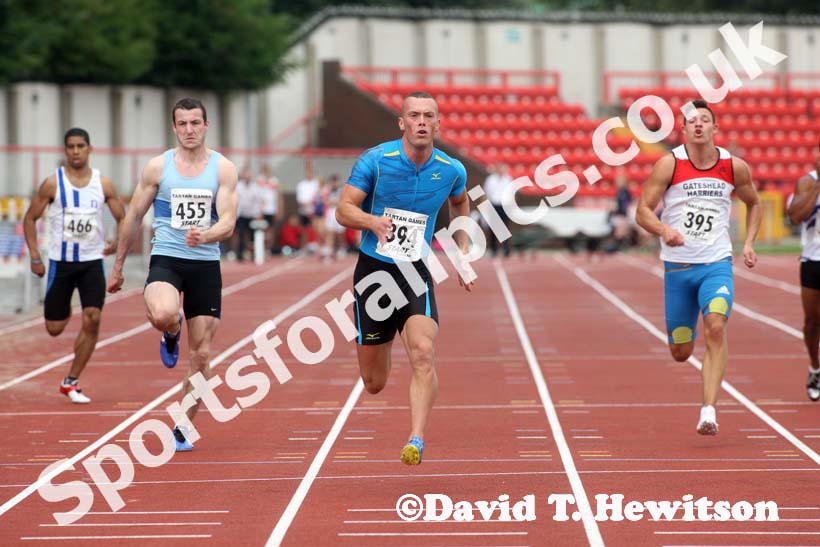 Richard Kilty (Gateshead) winning the 100 metres at the Gateshead Tartan Games Open.